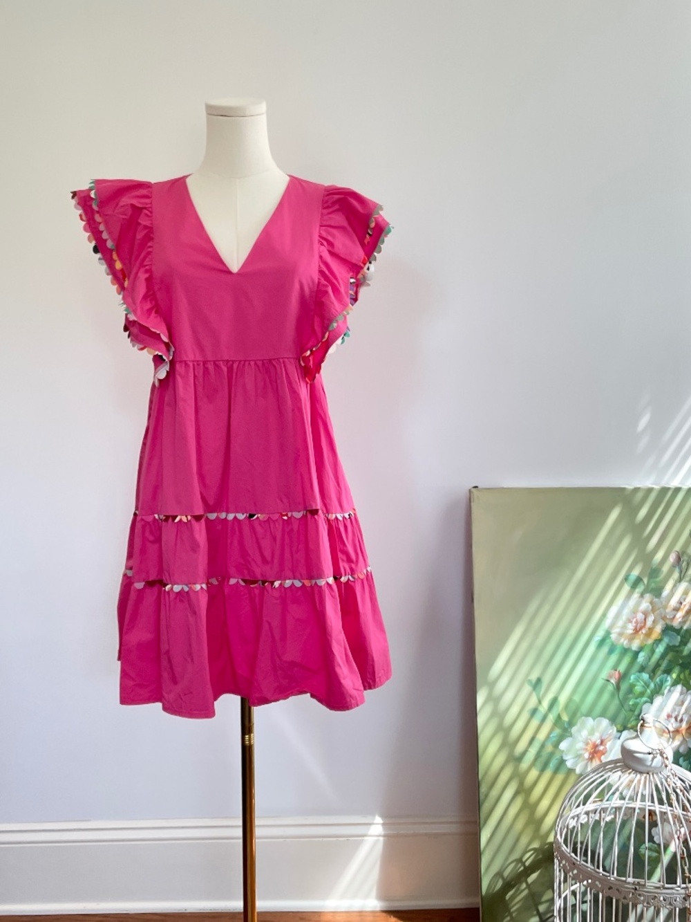 Crosby Mollie Burch Pink Tiered Dress S Ruffle Sleeve Statement Coquette Resort